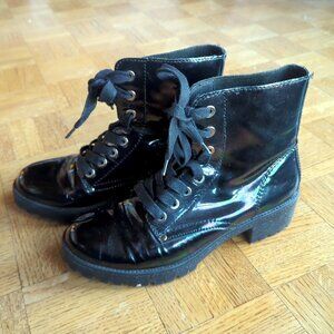 Aldo black oil slick leather combat boots 10 lace-up iridescent 8-eye mid-calf
